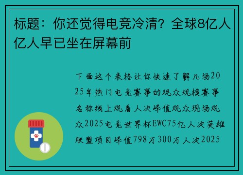 标题：你还觉得电竞冷清？全球8亿人亿人早已坐在屏幕前